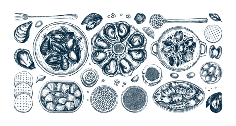 Seafood buffet illustrations collection in vintage style. Hand drawn shellfish - mussels, oyster, shrimps, caviar, canned fish canape sketches. Mediterranean cuisine, restaurant menu, finger food part